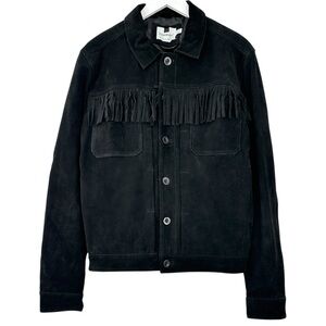 Topman Black Smooth Genuine Suede Leather Fringe Trim Western Style Jacket sz L